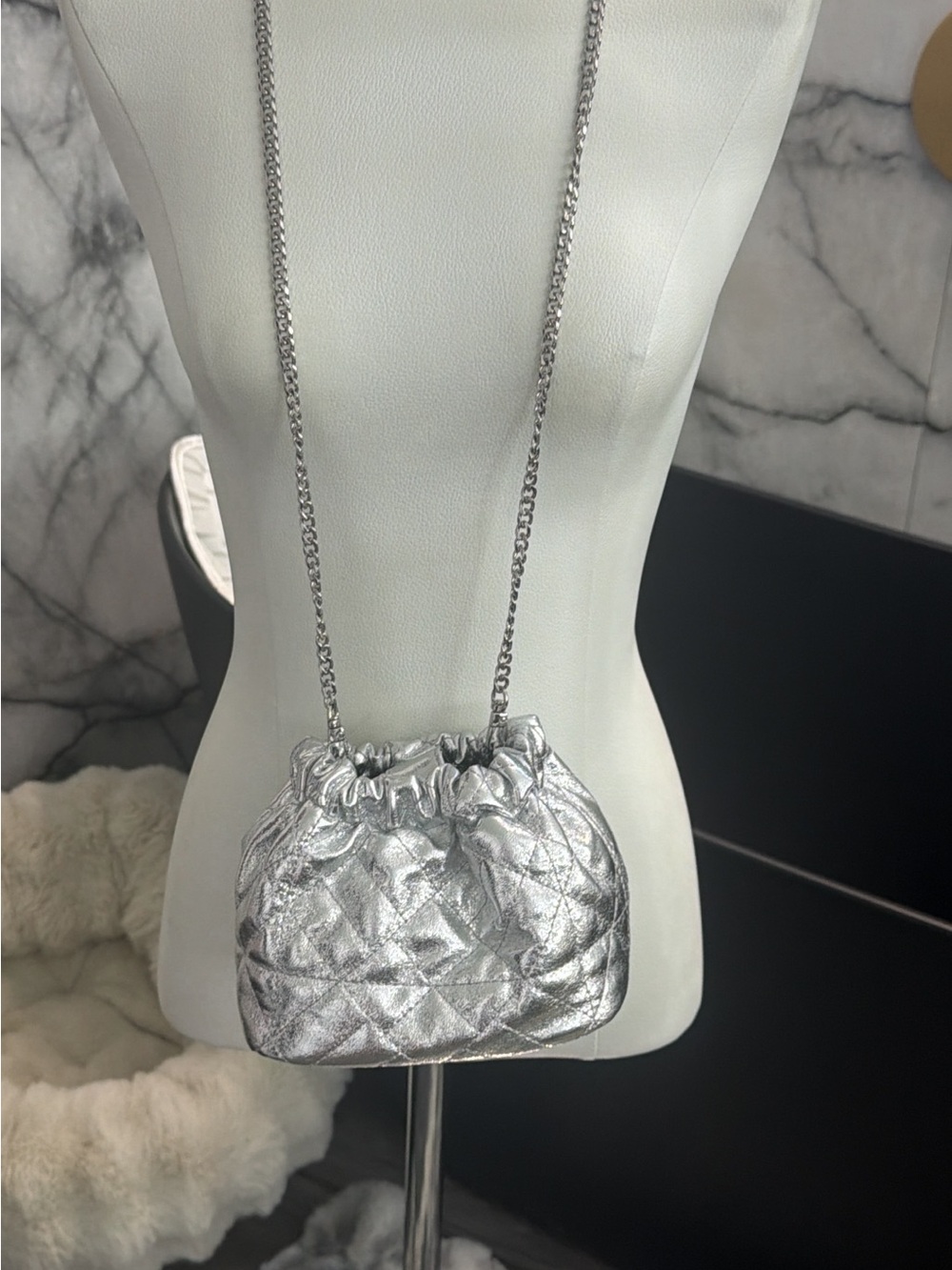 Silver Quilted Chain-Handle Women's Shoulder Bag